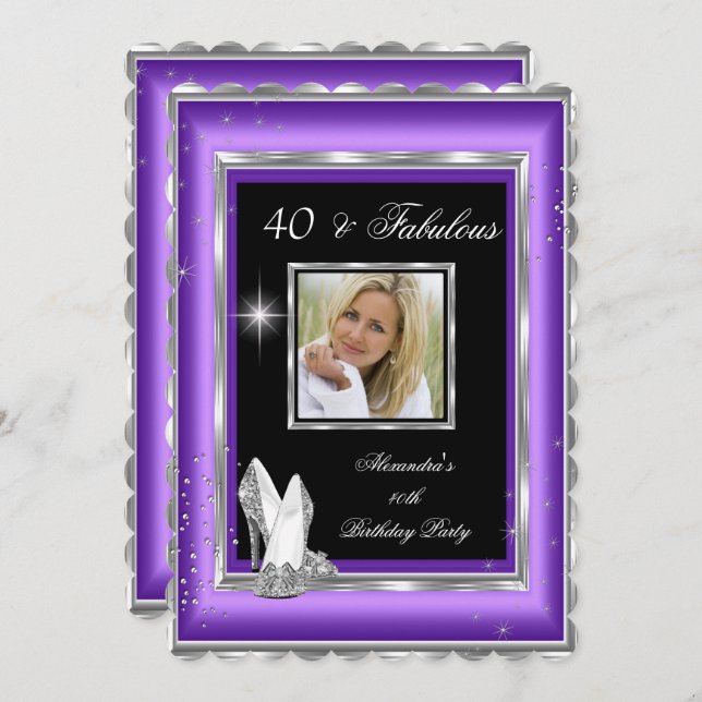 Fabulous 40 Party Photo Purple Silver High Heels Invitation (Front/Back)
