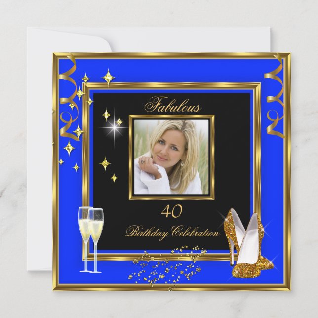 Fabulous 40 Photo Blue Gold Champagne Heels Invitation (Front)