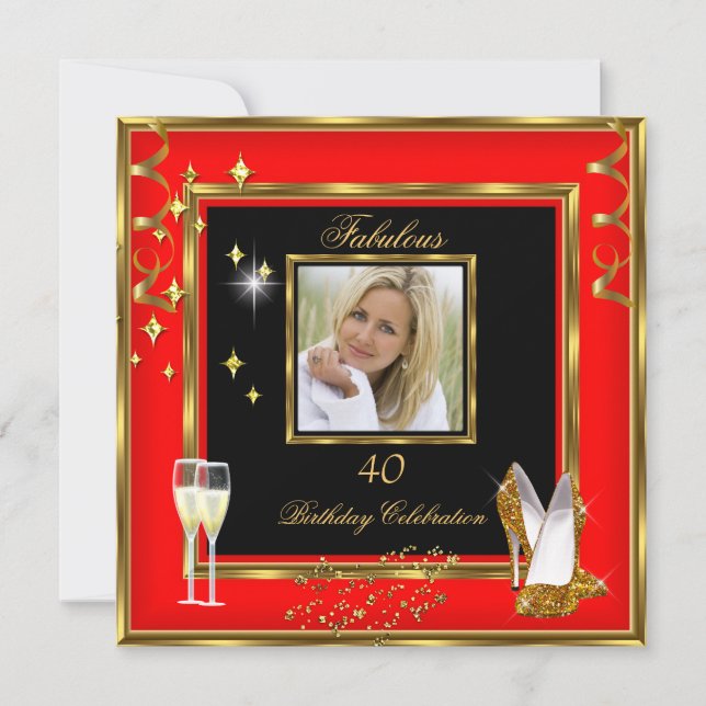 Fabulous 40 Photo Red Gold Champagne Heels Invitation (Front)