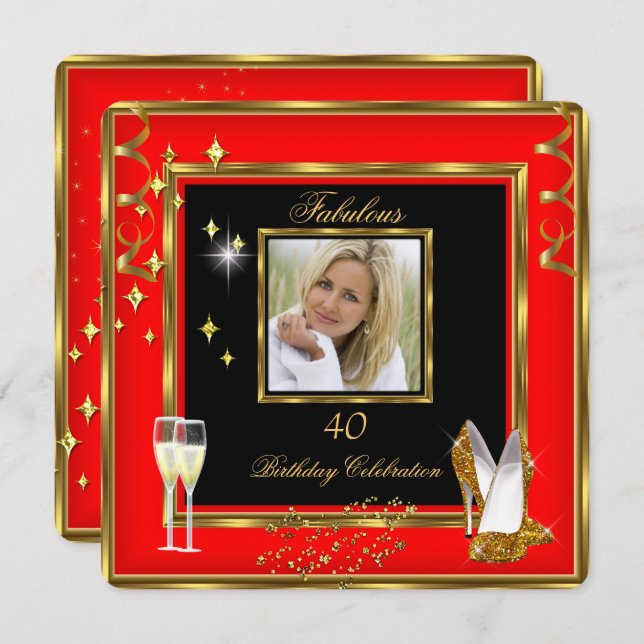 Fabulous 40 Photo Red Gold Champagne Heels Invitation (Front/Back)
