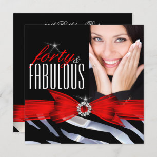 Fabulous 40 Photo Red Zebra Black White Birthday Invitation