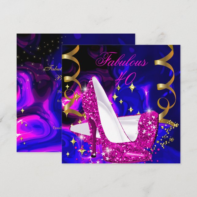 Fabulous 40 Pink Blue Gold Heels Abstract Birthday Invitation (Front/Back)