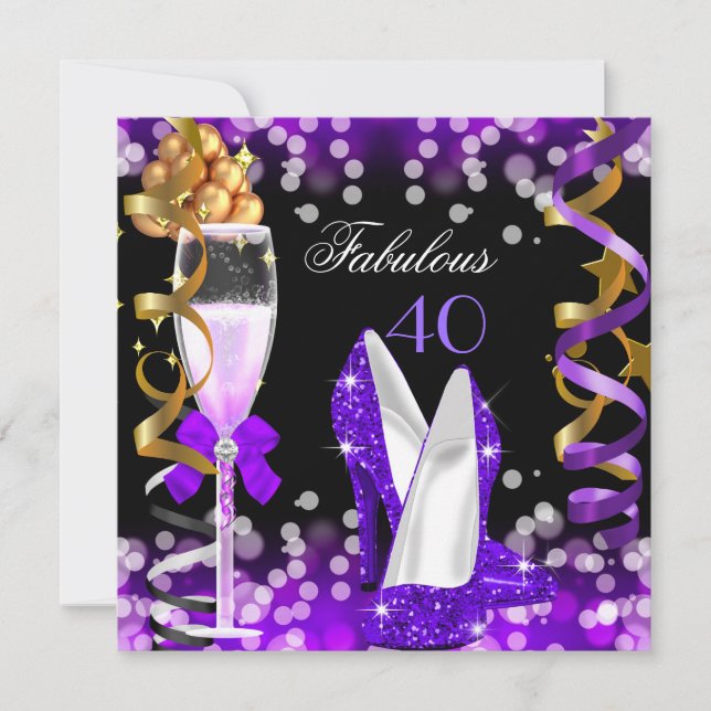 Fabulous 40 Purple Black Gold Bubbles Party Invitation (Front)