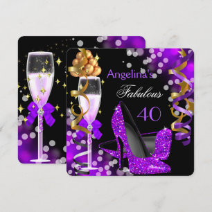 Fabulous 40 Purple Heels Gold Bubbles Birthday Invitation