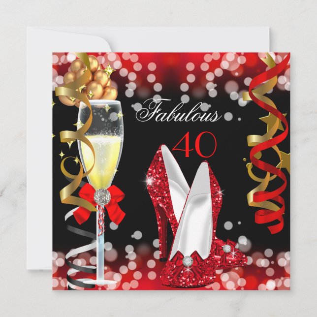 Fabulous 40 Red Black Gold Bubbles Party Invitation (Front)