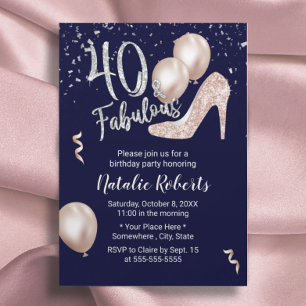 Fabulous 40 Rose Gold High Heel 40th Birthday Navy Invitation