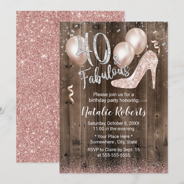 Fabulous 40 Rose Gold High Heel Barn Wood Birthday Invitation (Front/Back)