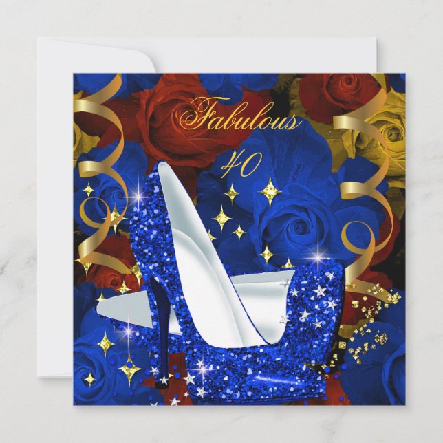 Fabulous 40 Royal Blue Gold Heels Floral Birthday Invitation (Front)