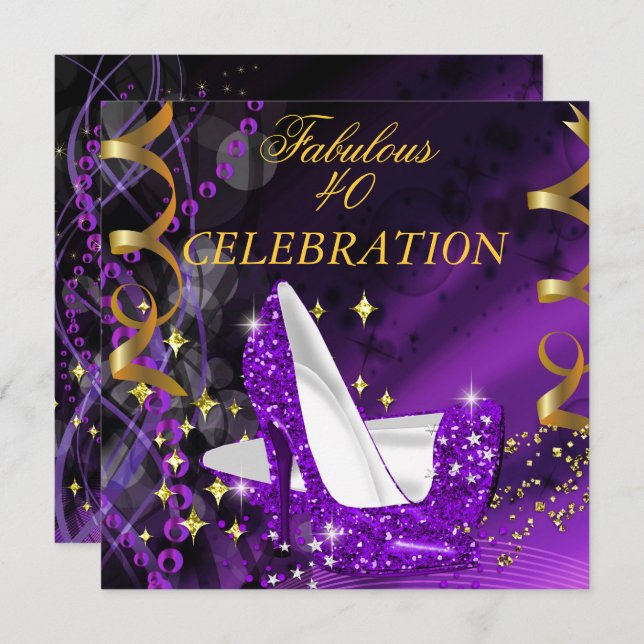 Fabulous 40 Woman's Purple Gold Heels Birthday Invitation (Front/Back)
