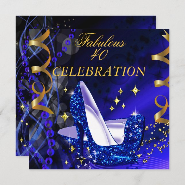 Fabulous 40 Woman's Royal Blue Gold Heels Birthday Invitation (Front/Back)