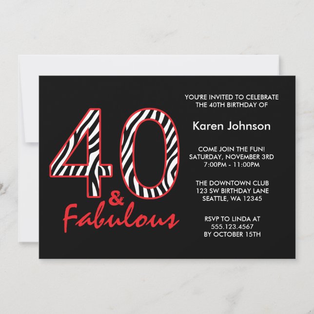 Fabulous 40th Black and Red Zebra Birthday Invitation (Front)