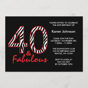 Fabulous 40th Black and Red Zebra Birthday Invitation
