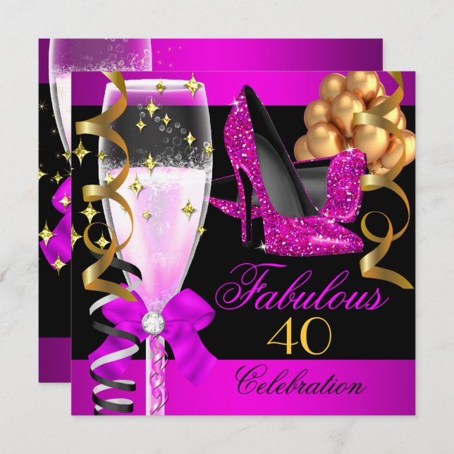 Fabulous 40th Hot Pink Black Champagne Party Invitation (Front/Back)