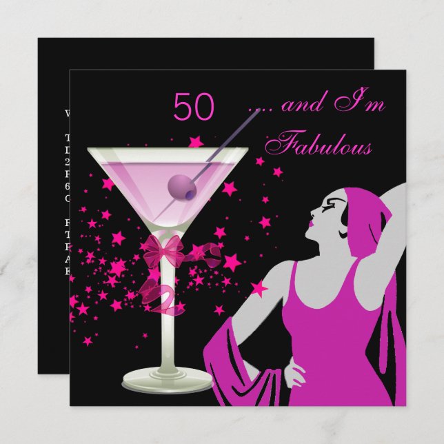 Fabulous 50 50th Birthday Party Diva Pink Black Invitation (Front/Back)