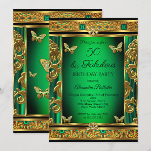 Fabulous 50 Birthday Emerald Green Butterfly Gold  Invitation