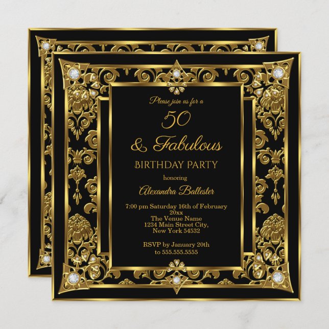 Fabulous 50 Birthday Gold Black Damask Diamond Invitation (Front/Back)