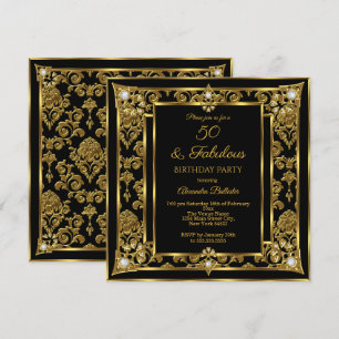Fabulous 50 Birthday Gold Black Damask Diamond Invitation
