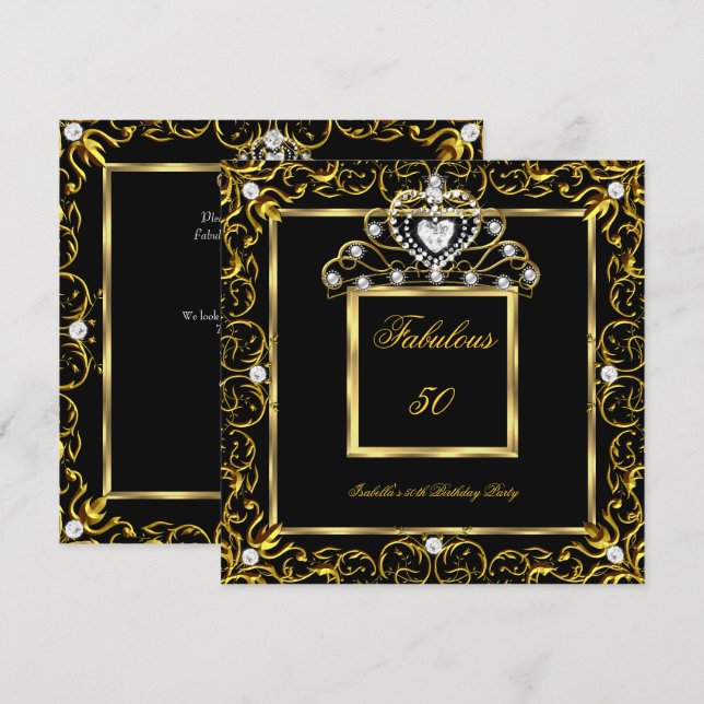 Fabulous 50 Birthday Party Black Gold Tiara Invitation (Front/Back)