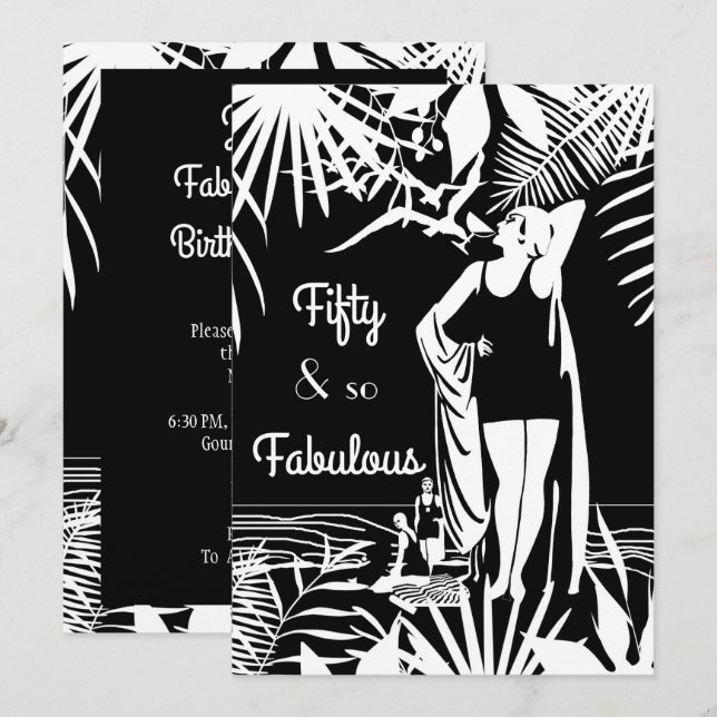 Fabulous 50 Birthday Party Deco Lady Black White Invitation (Front/Back)