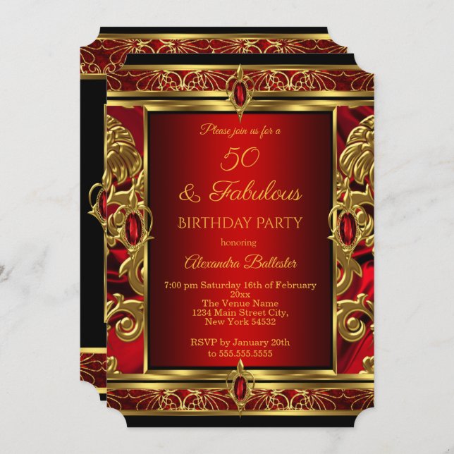 Fabulous 50 Birthday Red Ruby Jewel Damask Gold Invitation (Front/Back)