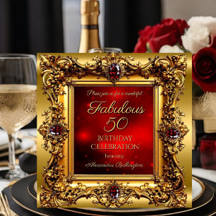 Fabulous 50 Birthday Regal Red Gold Gem Invitation