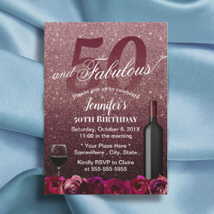 Fabulous 50 Birthday Rose Gold & Burgundy Floral Invitation