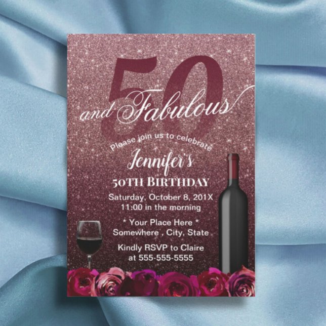 Fabulous 50 Birthday Rose Gold & Burgundy Floral Invitation (Creator Uploaded)