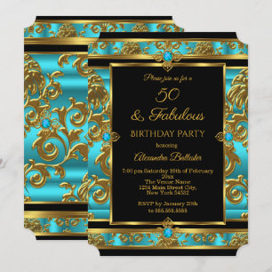 Fabulous 50 Birthday Teal Blue Jewel Damask Gold Invitation