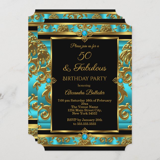 Fabulous 50 Birthday Teal Blue Jewel Damask Gold Invitation (Front/Back)