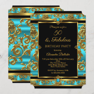Fabulous 50 Birthday Teal Blue Jewel Damask Gold Invitation