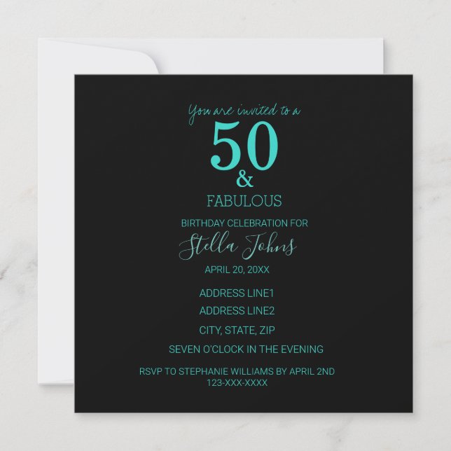 Fabulous 50 Birthday Turquoise Black Custom Party Invitation (Front)