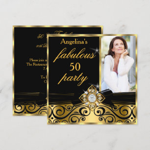 Fabulous 50 Black Gold Faux Diamond Photo Party Invitation