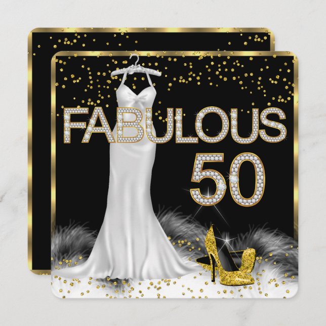 Fabulous 50 Black Gold White Birthday Party Invitation (Front/Back)