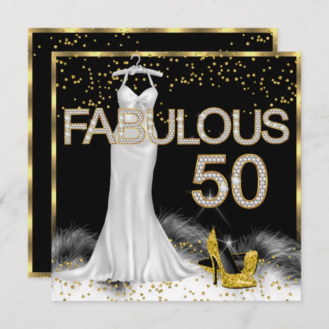 Fabulous 50 Black Gold White Birthday Party Invitation (Front/Back)