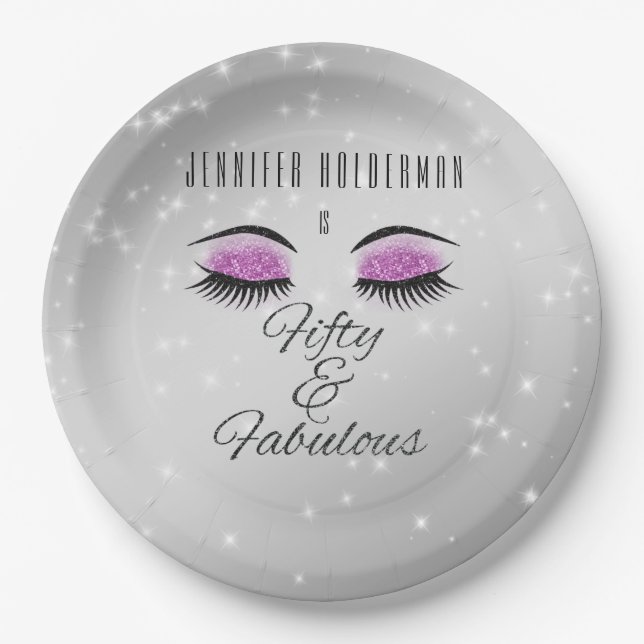 Fabulous 50 Black Hot Pink Glam Eyes Paper Plates (Front)