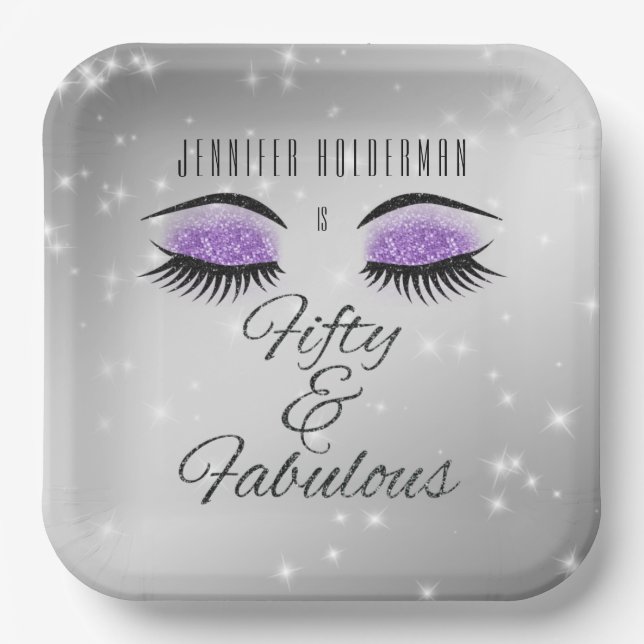 Fabulous 50 Black Purple Glam Eyes Paper Plates (Front)