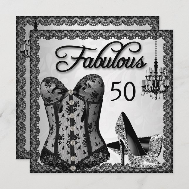 Fabulous 50 Black Silver Corset High Heels Party Invitation (Front/Back)
