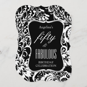 Fabulous 50 Black White Floral Elegant Party Invitation