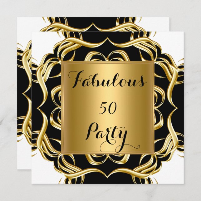 Fabulous 50 Black White Gold Birthday Party Invitation (Front/Back)