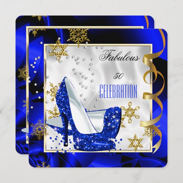 Fabulous 50 Blue Gold Abstract Heel Birthday Party Invitation (Front/Back)