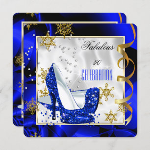 Fabulous 50 Blue Gold Abstract Heel Birthday Party Invitation