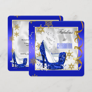 Fabulous 50 Blue Gold White Heels Birthday Party Invitation