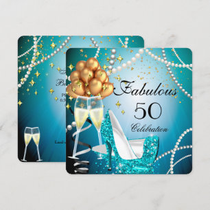 Fabulous 50 Blue High Heels Gold Champagne Party Invitation