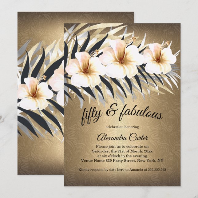 Fabulous 50 Brown Beige Silver Hibiscus party Invitation (Front/Back)