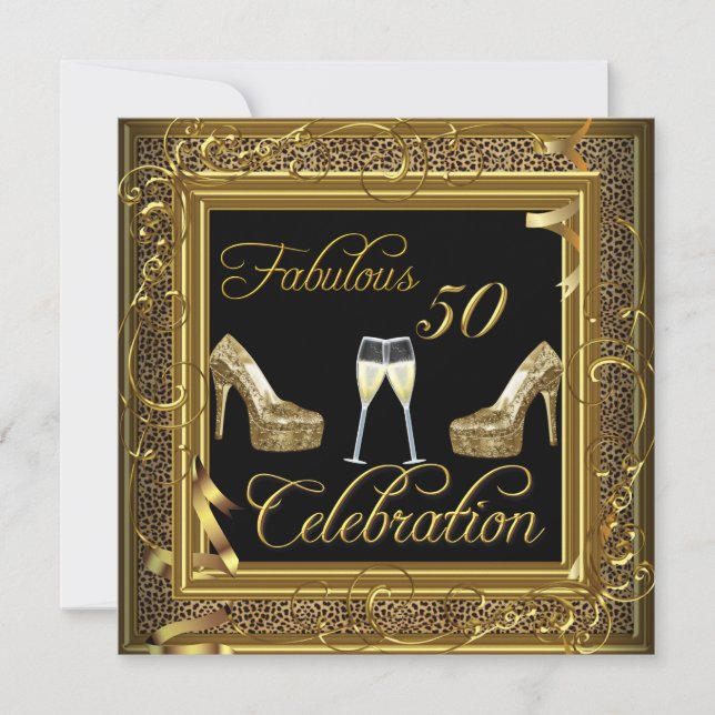 Fabulous 50 Celebration Gold Black Champagne Invitation (Front)