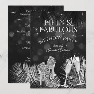 Fabulous 50 Champagne Birthday Party Black White Invitation