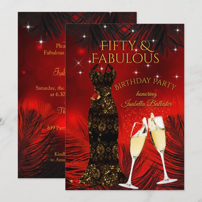 Fabulous 50 Champagne Birthday Party Red Gold Invitation (Front/Back)