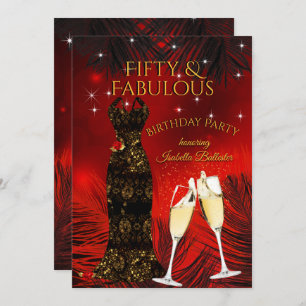 Fabulous 50 Champagne Birthday Party Red Gold Invitation