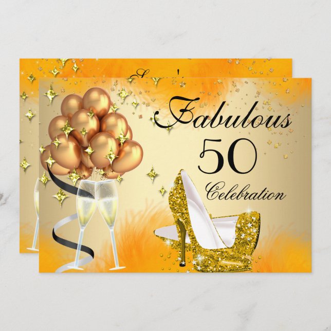 Fabulous 50 Cream Gold Yellow High Heels Birthday Invitation (Front/Back)