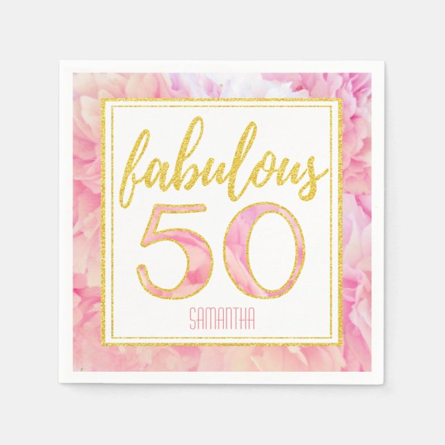Fabulous 50 Delicate Pink Gold Glitter Floral Napkin (Front)